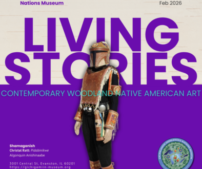 A figure in birchbark armor standing in front of the words "Living Stories"