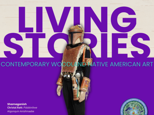 A figure in birchbark armor standing in front of the words "Living Stories"